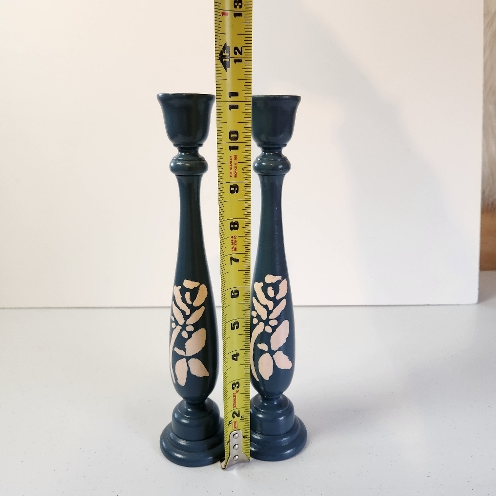 Hand Painted Wooden Candle Holders Colonial Blue Vintage Country Farmhouse Decor - Picture 5 of 5